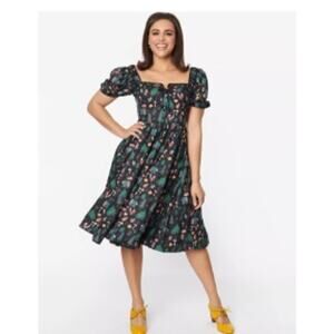 Unique Vintage Black Woodland Creature Button Front Swing 1950sDress Sz S #40